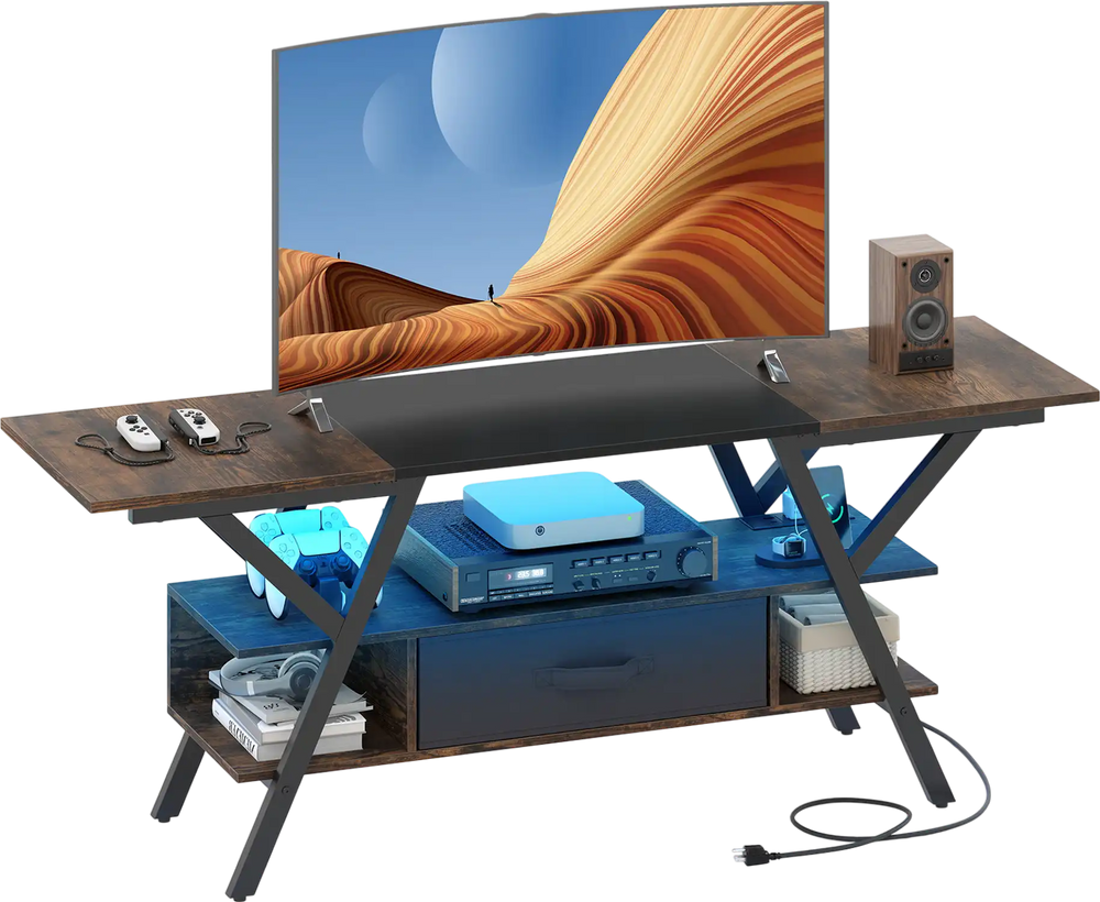 Rustic brown TV stand for 65-inch TVs with power outlets, LED lights, and ample storage space for gaming and media.