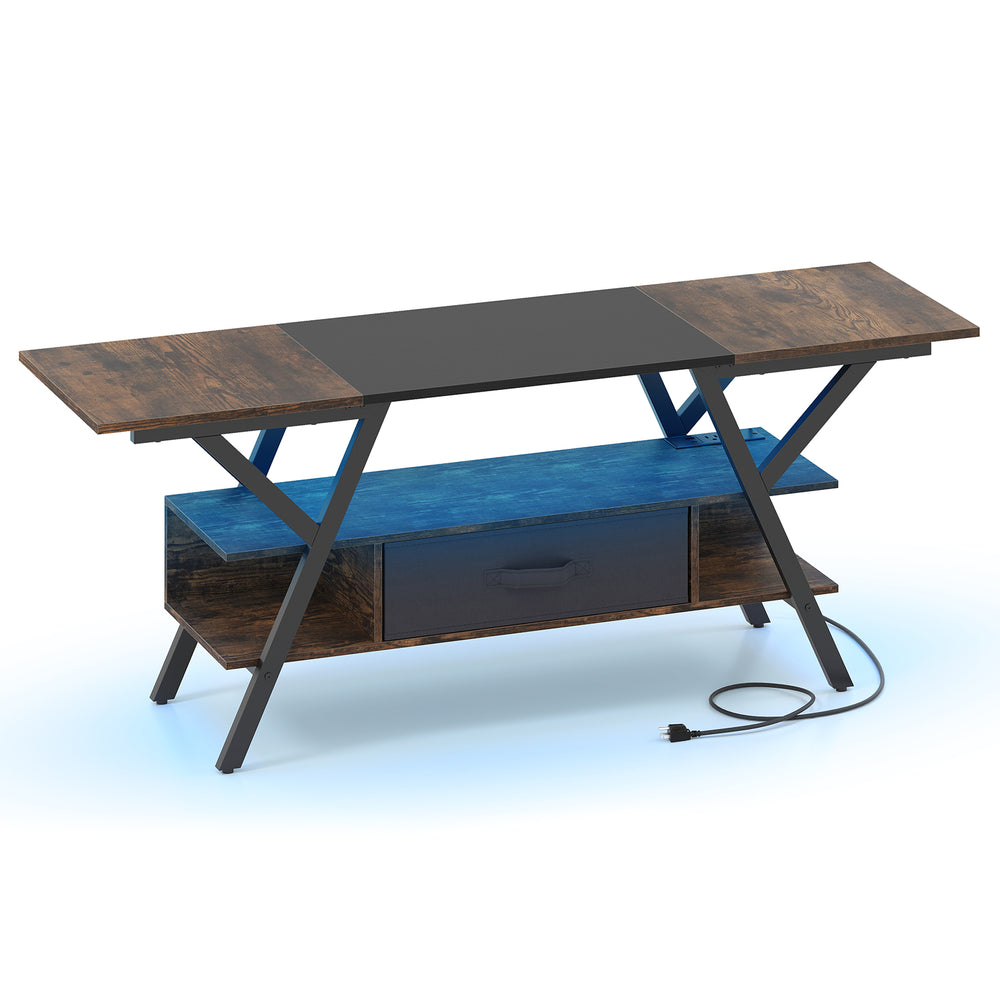 Rustic brown TV stand for 65-inch TVs featuring adjustable LED lights, power outlets, and ample storage space.