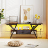Rustic brown TV stand with adjustable LED lights and built-in power outlets, styled with decor and available storage.