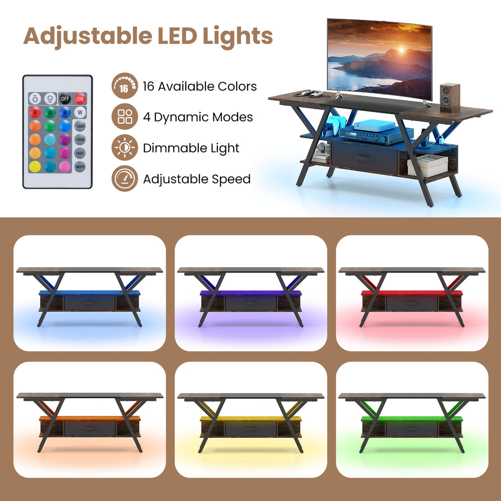 TV stand in rustic brown with adjustable LED lights, power outlets, and ample storage for 65-inch TVs.