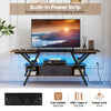 TV stand in rustic brown with built-in power strip, adjustable LED lights, and ample storage for 65-inch TVs.