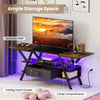 Rustic brown TV stand with adjustable LED lights, spacious shelf, folding drawer, and two side compartments for storage.
