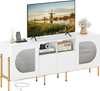 TV stand for 70 inch TV in white with drawers, open shelves, and built-in power outlets for versatile media storage.