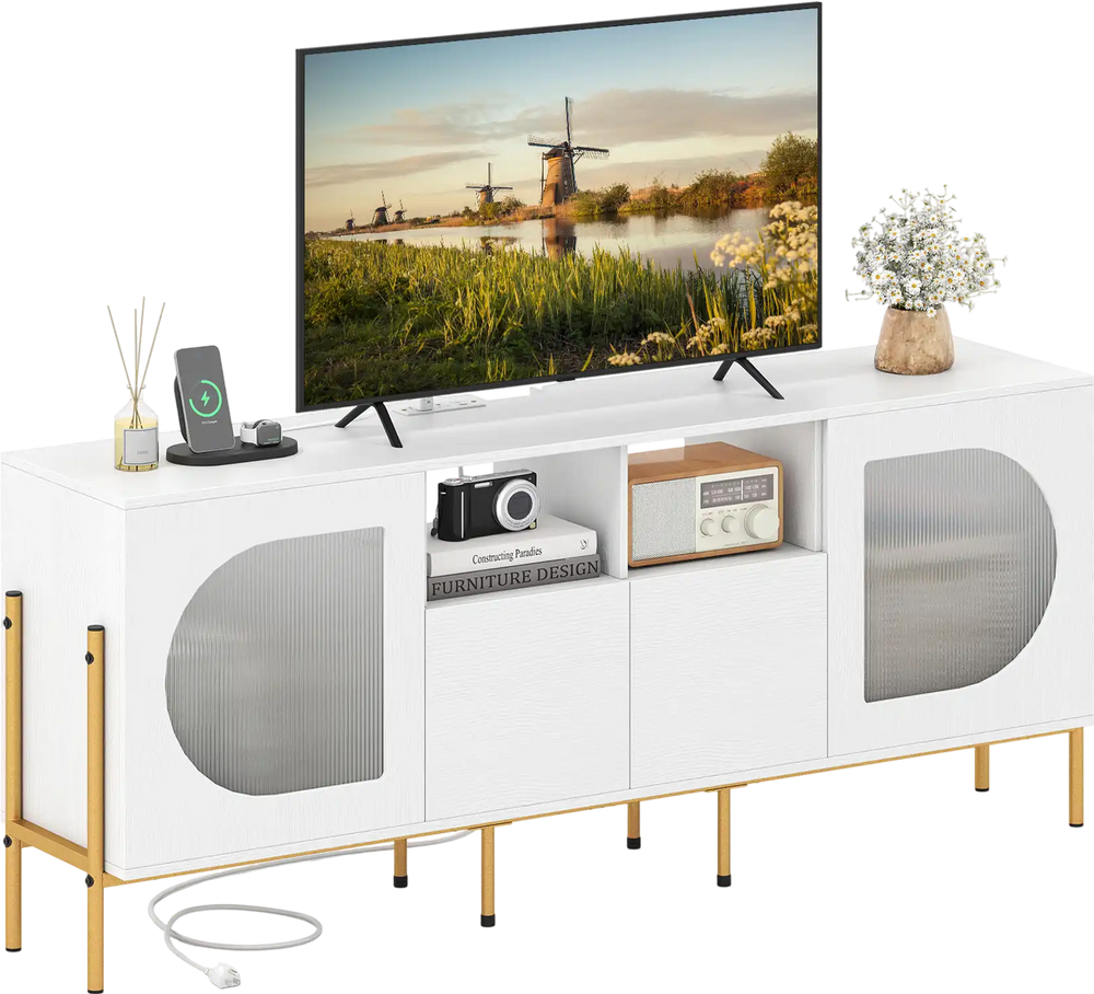 TV stand for 70 inch TV in white with drawers, open shelves, and built-in power outlets for versatile media storage.
