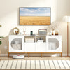 White TV stand for 70-inch TV featuring drawers, open shelves, and built-in power outlets for organized media storage.
