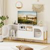 White TV stand for 70-inch TV featuring open shelves, drawers, and power outlets, ideal for stylish media storage.