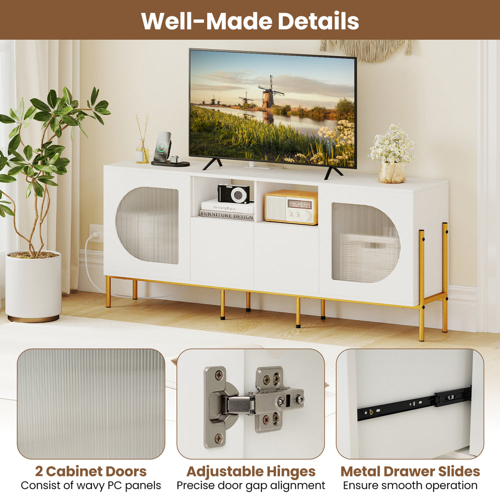 TV stand with wavy PC panel cabinet doors, adjustable hinges, and metal drawer slides for smooth operation and ample.