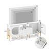 TV stand for 70 inch TV with white finish, drawers, open shelves, and built-in power outlets for versatile storage.