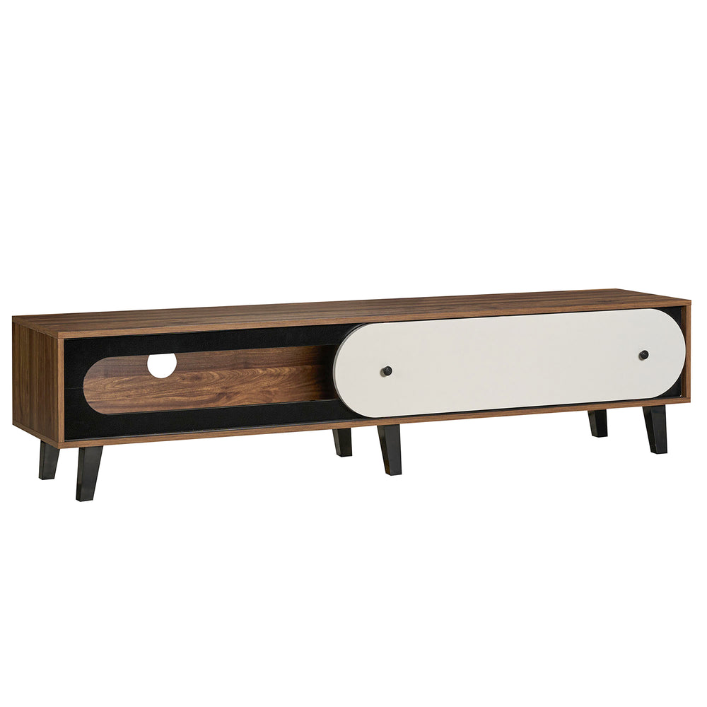 Mid-century modern TV stand in walnut with sliding door cabinet, fitting TVs up to 80 inches, featuring ample storage.