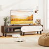 Mid-century modern TV stand in walnut finish with sliding door cabinet, designed for TVs up to 80 inches, featuring.