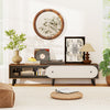 Mid-century modern TV stand in walnut with sliding door cabinet, designed for 80-inch TVs and organized media storage.