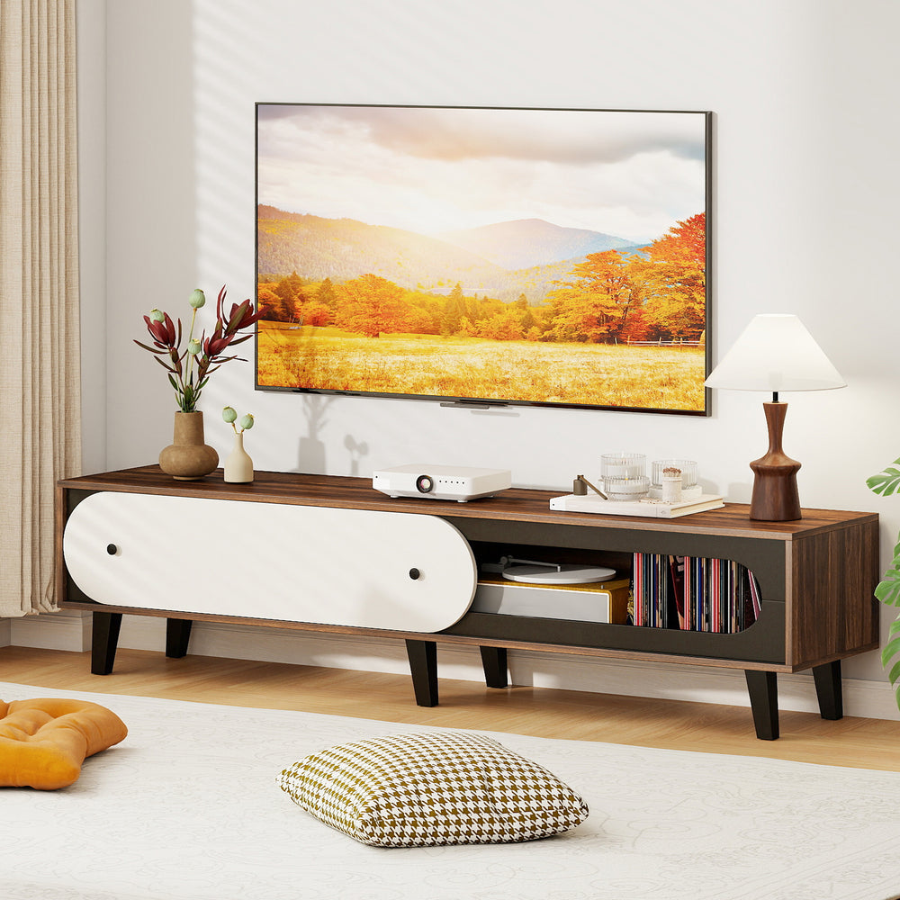 Mid-century modern TV stand in walnut finish, featuring sliding door cabinet and spacious tabletop for 80-inch TVs.