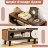 Mid-century modern TV stand with spacious tabletop, walnut finish, and two storage cabinets for media organization.