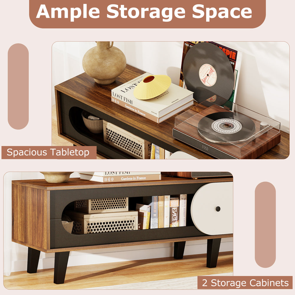 Mid-century modern TV stand with spacious tabletop, walnut finish, and two storage cabinets for media organization.