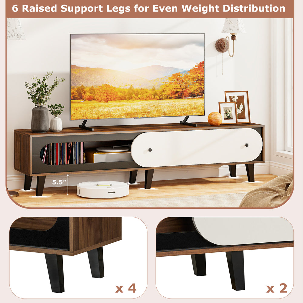 Mid-century modern TV stand in walnut, featuring a sliding door cabinet and six raised legs for even weight.
