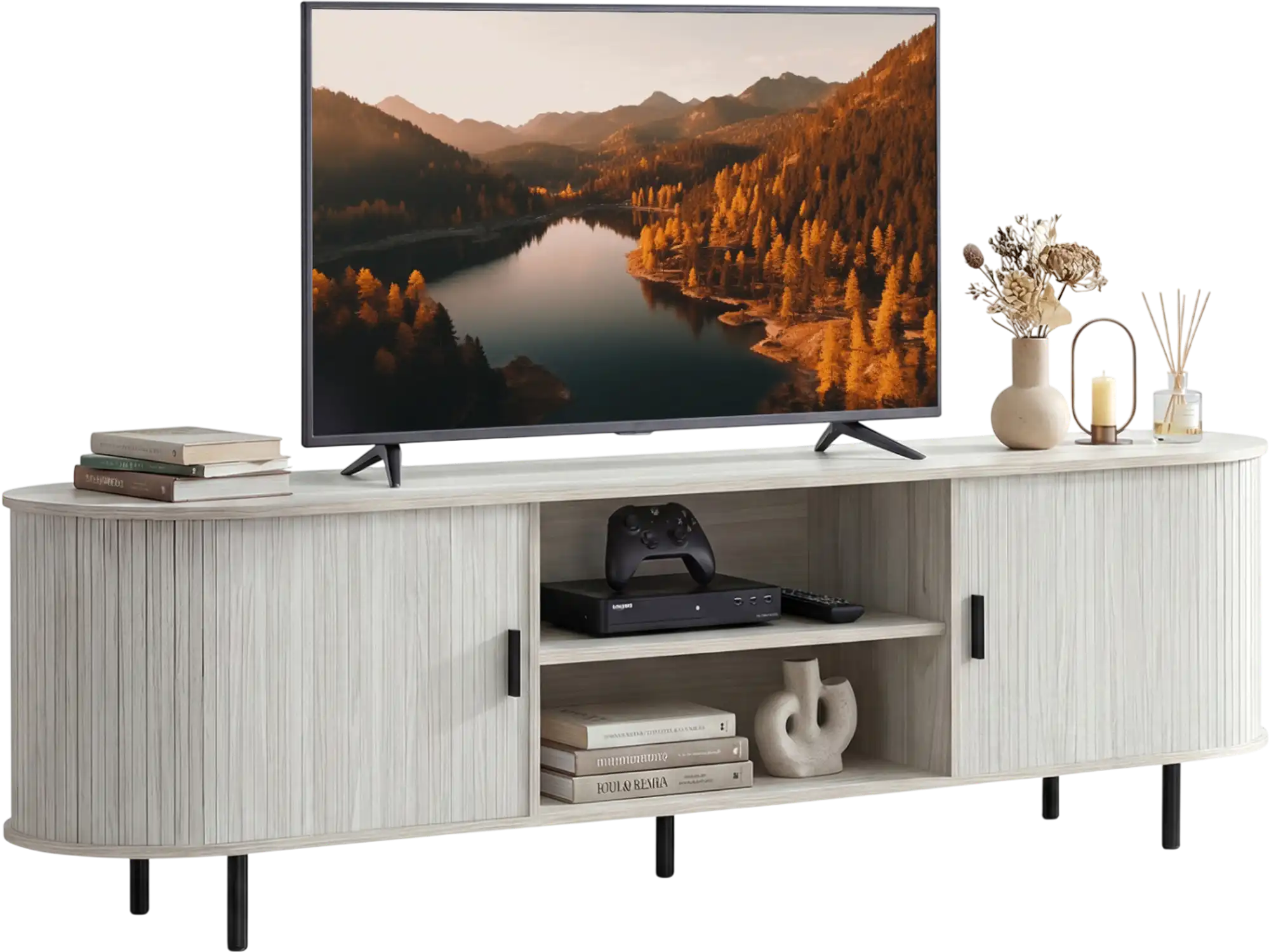 Costway Mid Century Modern TV Stand Entertainment Center Fluted Sliding Doors for 80