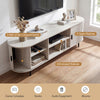 Mid-century modern TV stand with fluted sliding doors, featuring 2 open shelves and 4 enclosed shelves for ample.