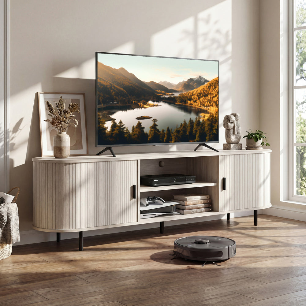 TV Stand for 80 Inch TVs Mid Century Modern Entertainment Center with Fluted Sliding Doors-Natural - Gallery View 1 of 10
