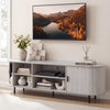 Mid-century modern TV stand with fluted sliding doors, ample storage for TVs up to 80 inches, and a curved edge design.
