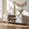 Mid-century modern TV stand with fluted sliding doors, ample storage, and a spacious top for 80-inch TVs in natural.