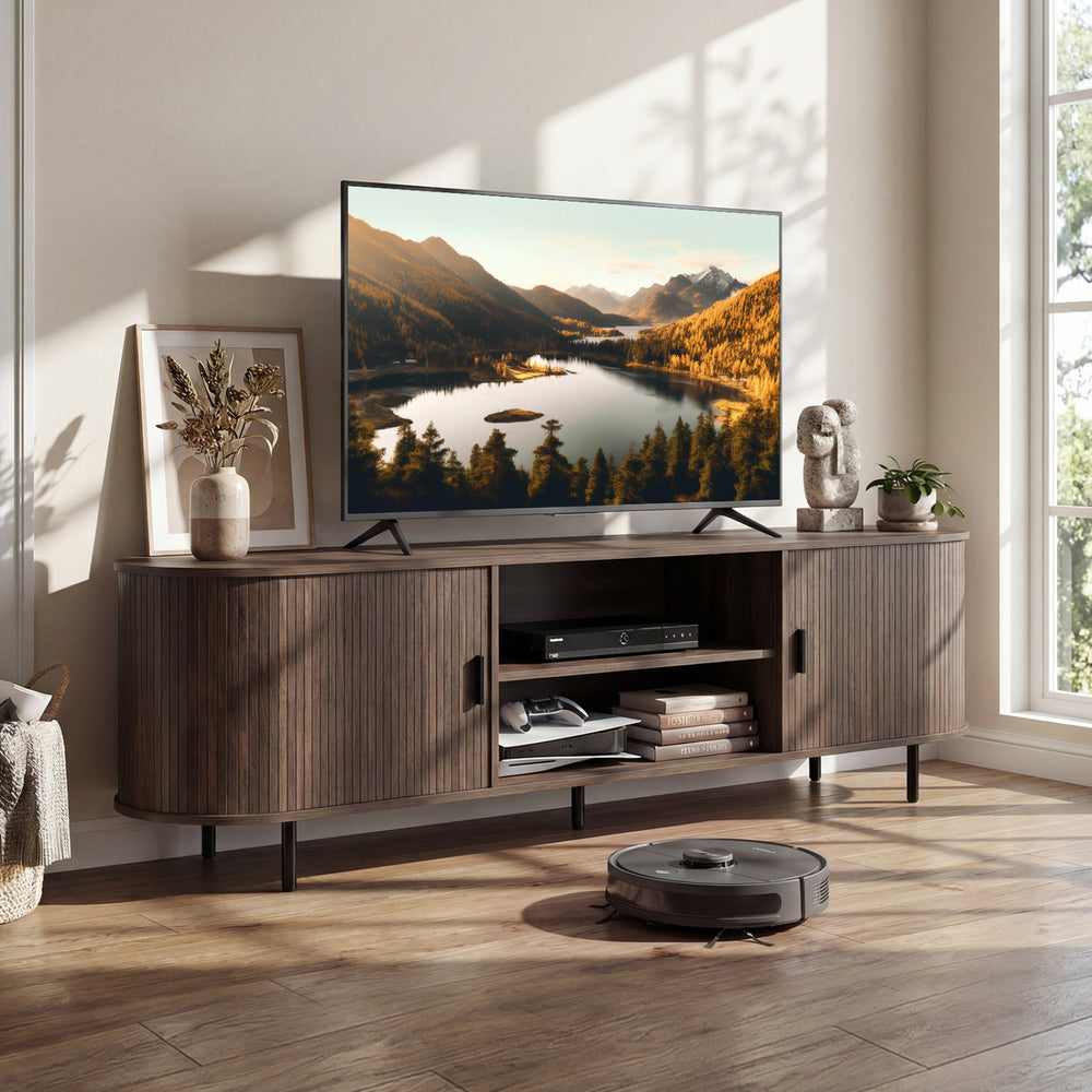 TV Stand for 80 Inch TVs Mid Century Modern Entertainment Center with Fluted Sliding Doors-Walnut - Gallery View 1 of 10