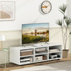 White TV stand featuring a spacious tabletop and 5-position adjustable shelf, suitable for TVs up to 55 inches.