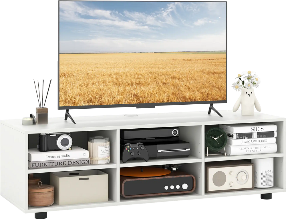White TV stand with a spacious tabletop and 6 open cubbies, designed for TVs up to 55 inches, ideal for organized.