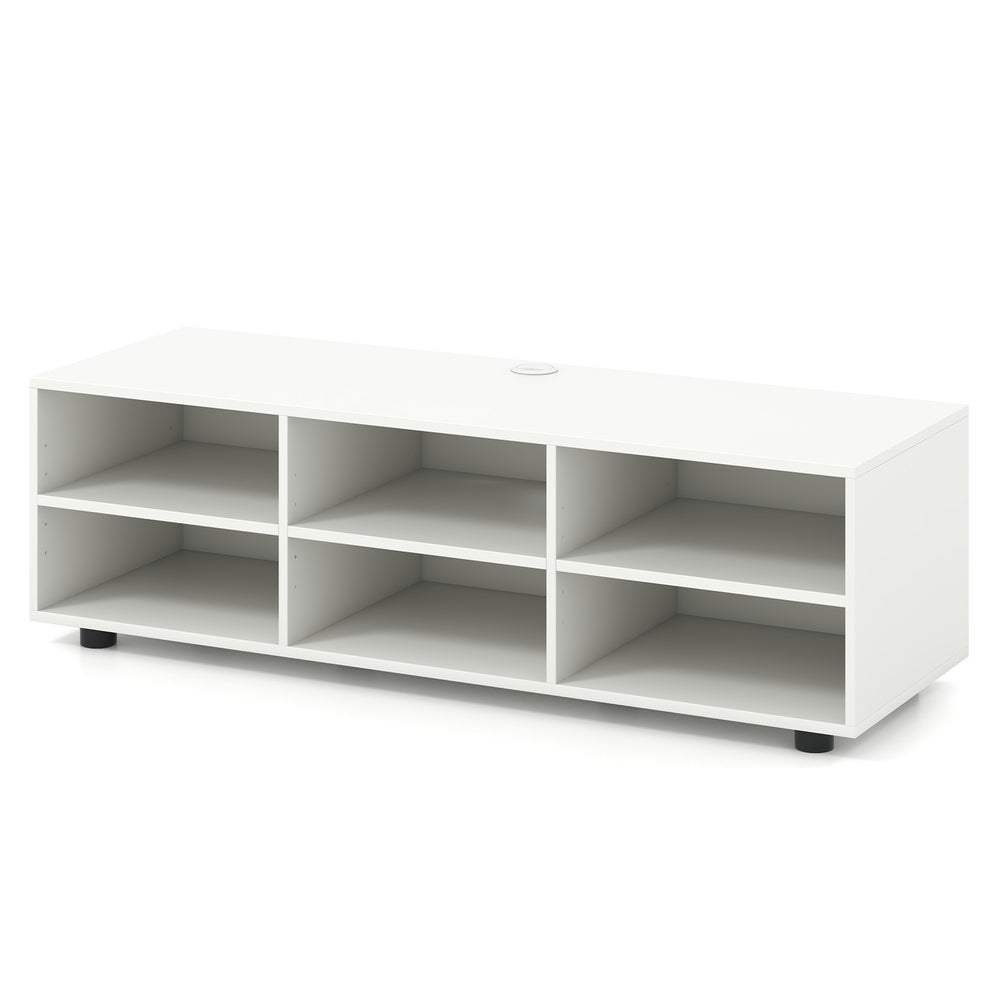 White TV stand for TVs up to 55 inches featuring 6 storage compartments and cable management for organized.