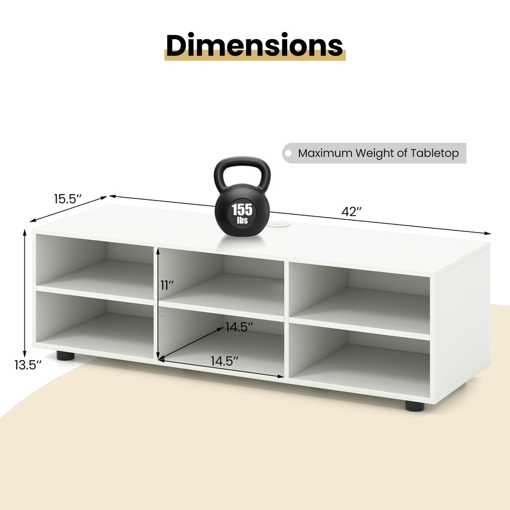 White TV stand with 6 storage compartments, designed for TVs up to 55 inches, featuring adjustable shelves and cable.