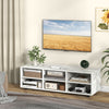 White TV stand with a spacious tabletop and side cable management holes, designed for TVs up to 55 inches, ideal for.