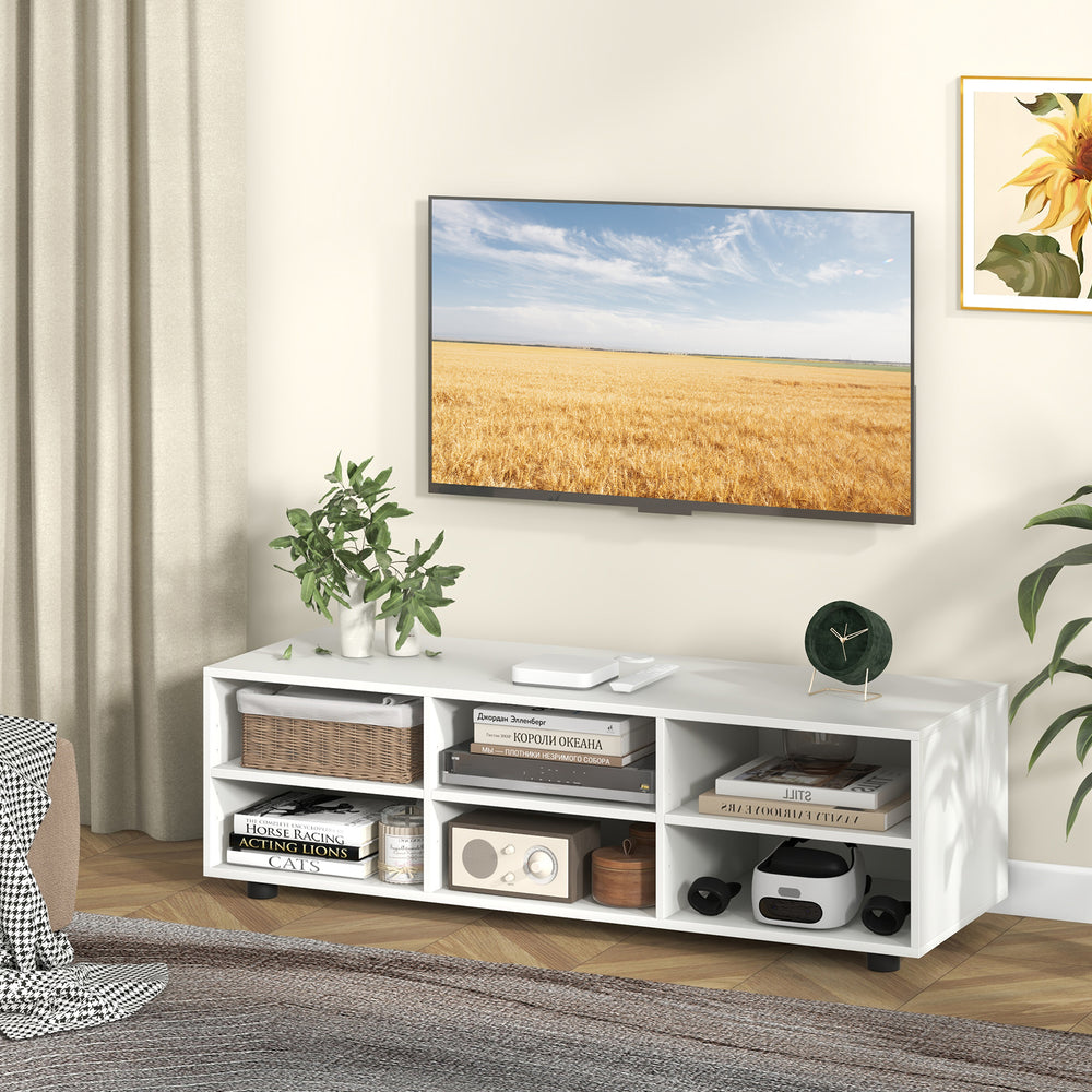 White TV stand with a spacious tabletop and side cable management holes, designed for TVs up to 55 inches, ideal for.
