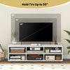TV stand in white for TVs up to 55 inches, featuring 6 storage compartments and adjustable shelves for versatile use.