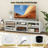 TV stand in white for TVs up to 55 inches, featuring 6 storage compartments and cable management holes for organization.