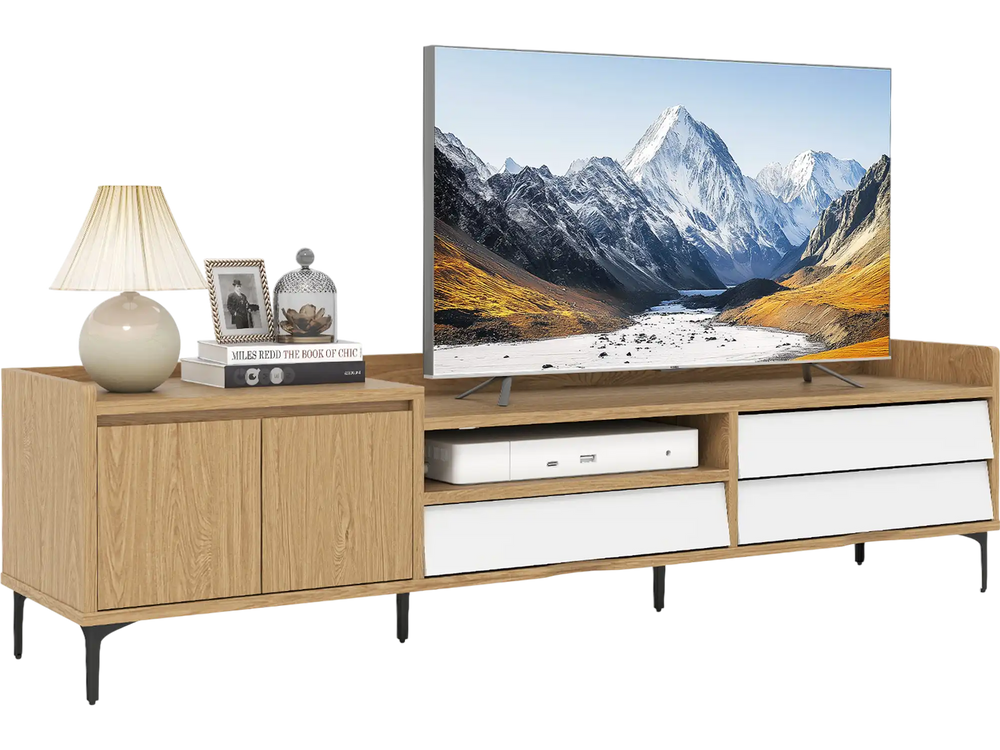 Mid-century modern TV stand in natural wood with storage cabinet and drawers, designed for TVs up to 80 inches.
