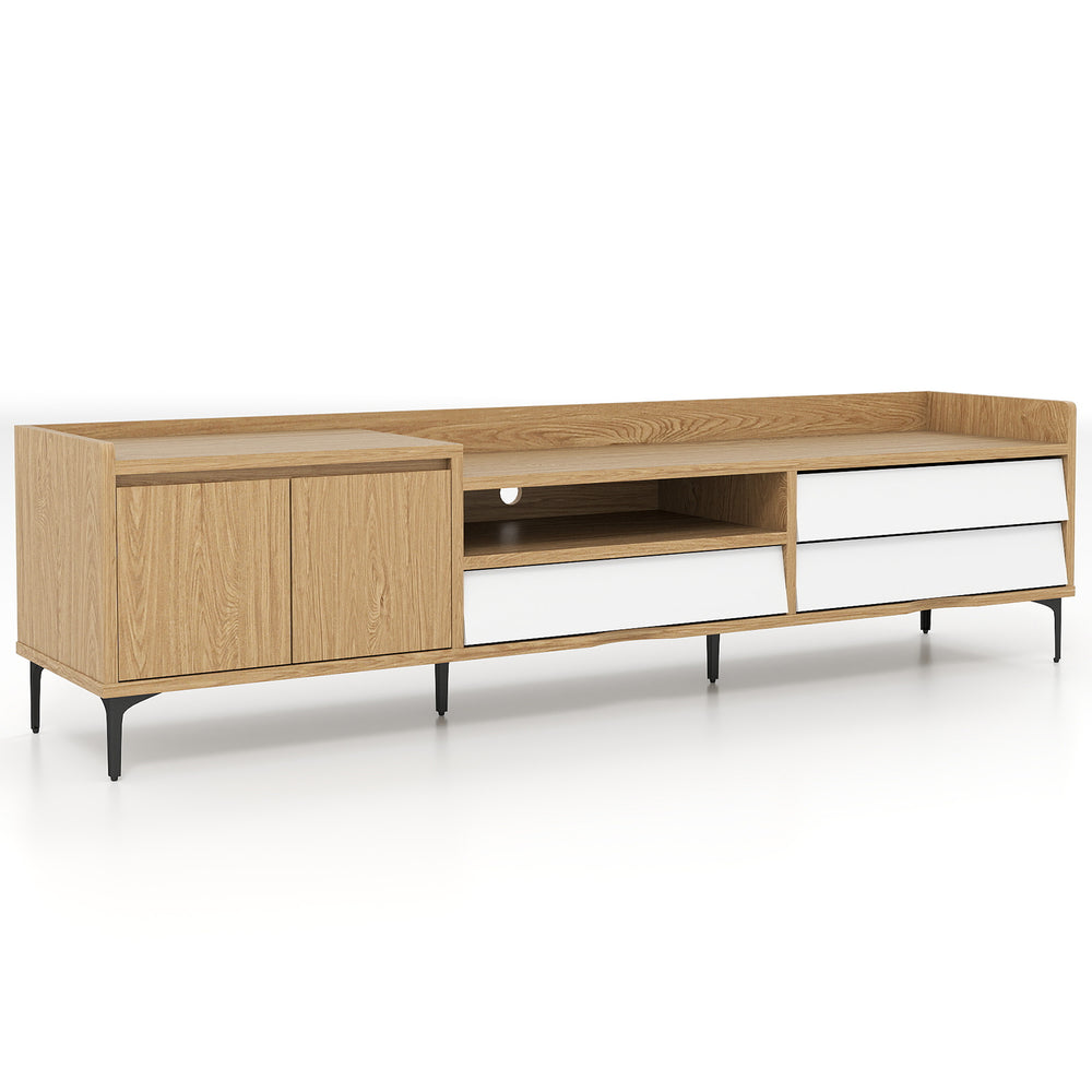 Mid-century modern TV stand in natural wood with storage cabinet and three drawers, designed for TVs up to 80 inches.