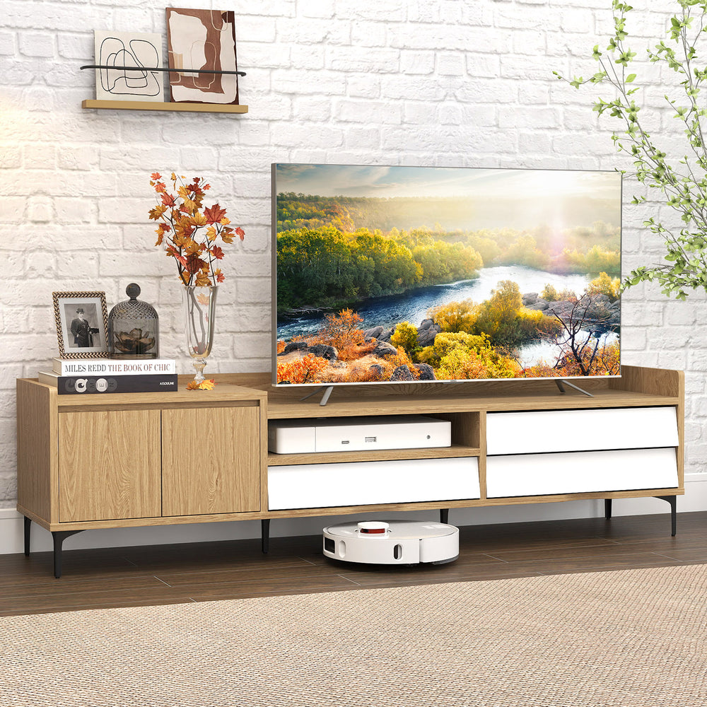 Mid-century modern TV stand in natural finish with storage cabinet and drawers, suitable for TVs up to 80 inches.