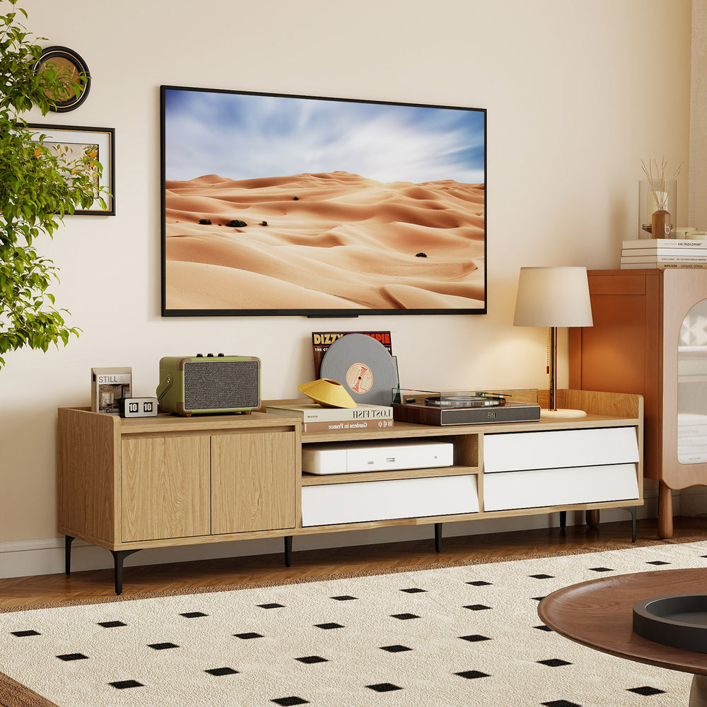 Mid-century modern TV stand for TVs up to 80 inches, featuring storage cabinets and drawers for organized living room.