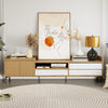 Mid-century modern TV stand with natural finish, featuring storage cabinets and drawers for organized media in the.