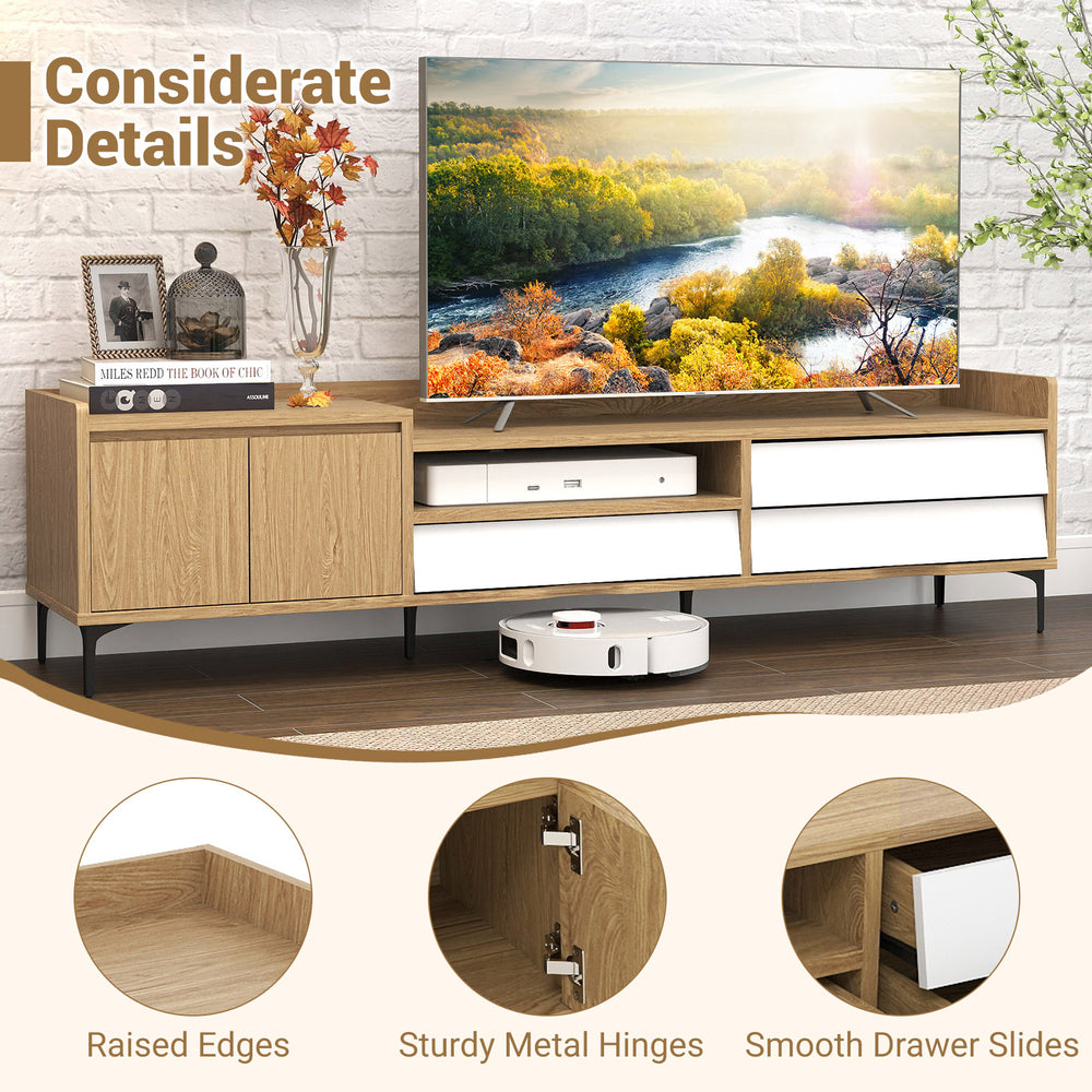 Mid-century modern TV stand with storage cabinet, featuring raised edges, smooth drawer slides, and sturdy metal legs.