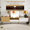 Cable management hole on the mid-century modern TV stand for organized wires, featuring natural wood finish and storage.