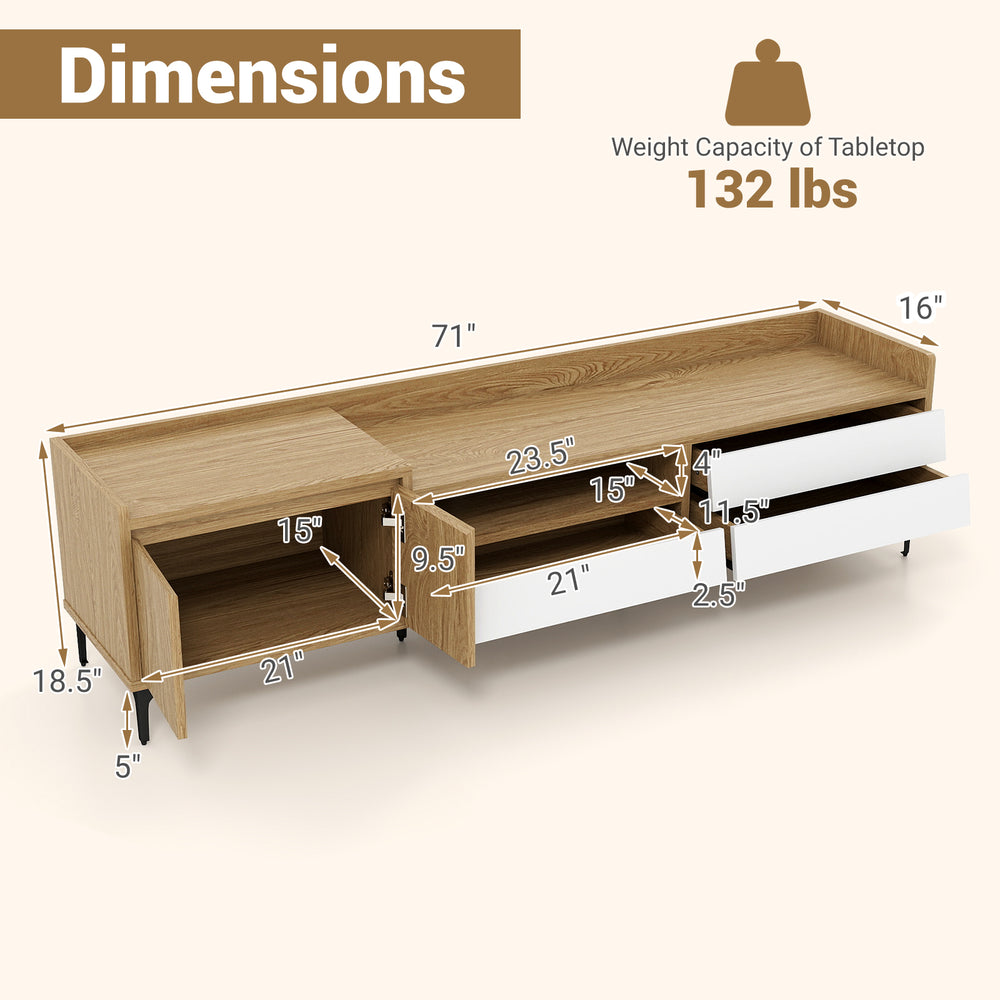 Dimensions of the mid-century modern TV stand with storage cabinet, featuring a 71" tabletop and 132 lbs weight.
