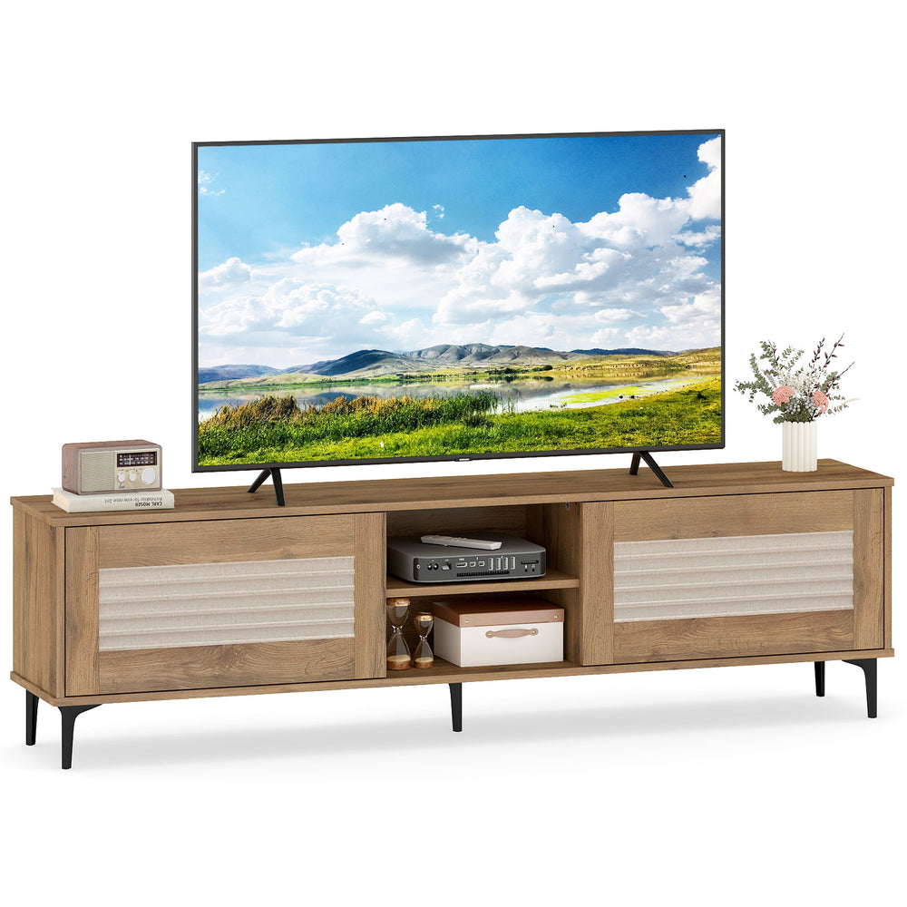 TV stand for TVs up to 70 inches in oak with waveform fluted doors, featuring open shelves and concealed storage.