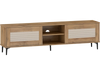 TV stand in oak finish with waveform fluted doors, supporting TVs up to 70 inches, featuring open shelves and storage.