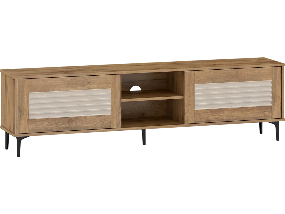 TV stand in oak finish with waveform fluted doors, supporting TVs up to 70 inches, featuring open shelves and storage.