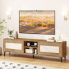 TV stand with waveform fluted doors in oak, supporting TVs up to 70 inches, featuring open shelves and concealed.