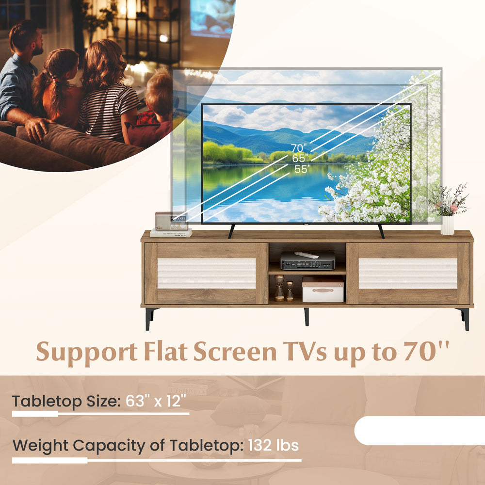 TV stand in oak finish supporting flat screen TVs up to 70", featuring fluted doors and open shelves for storage.