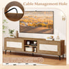 Cable management hole on the oak TV stand for TVs up to 70 inches, ensuring a tidy and organized setup.