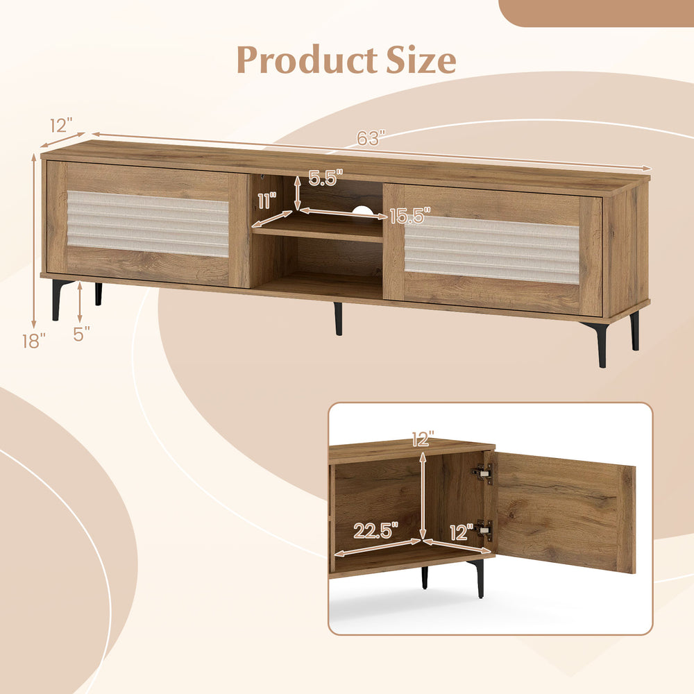 TV stand for TVs up to 70 inches with oak finish, featuring fluted doors and open shelves for media storage.