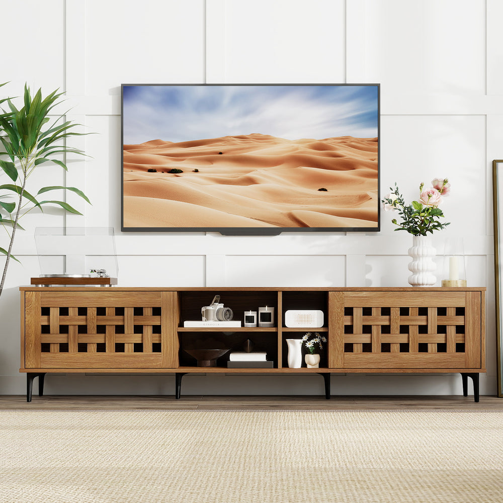 Walnut TV stand for TVs up to 80", showcasing a spacious tabletop and elegant rustic design with metal legs for.