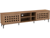 Walnut TV stand for TVs up to 80", featuring artistic cut-out design, 2 doors, and ample storage for living room use.